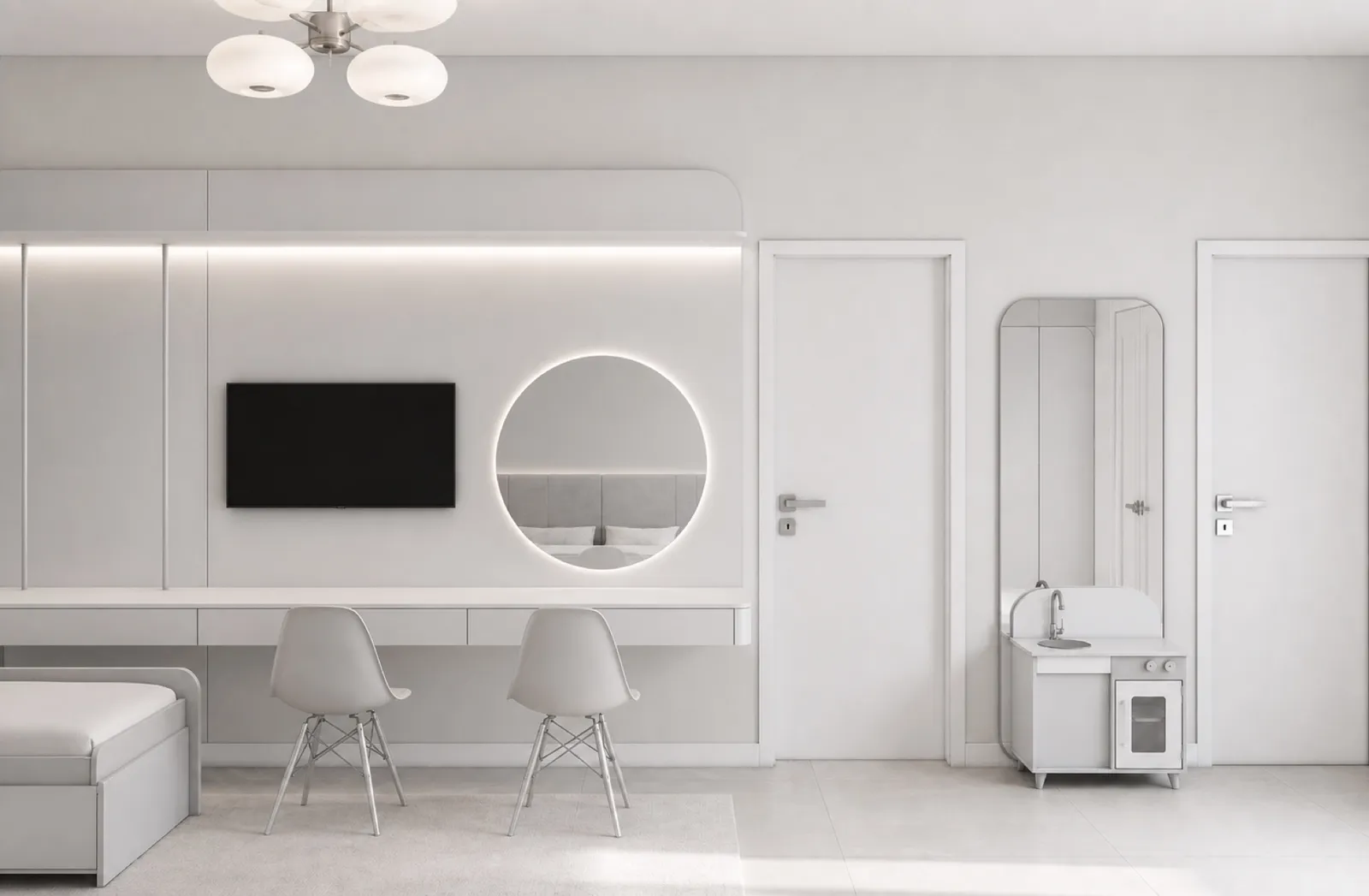 Quarto todo branco com quatro áreas marcadas